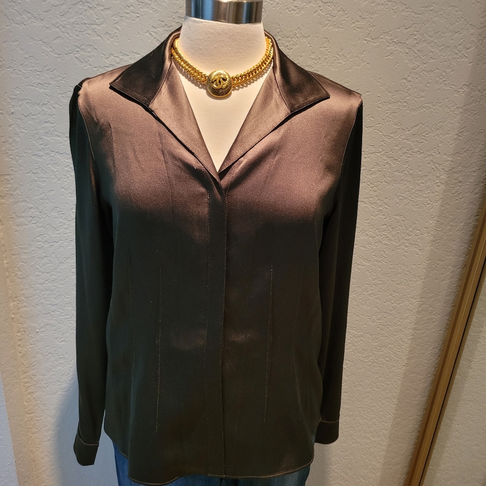 LAFAYETTE 148 NEW YORK Dark Green Silk Blouse Size 10